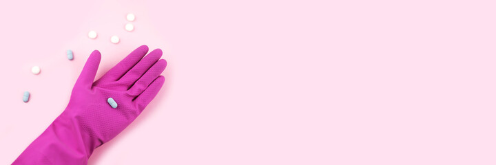 Banner made from woman hands in protective gloves with pills.