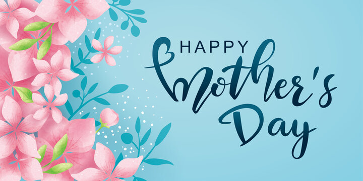 Happy Mother's Day poster and banner template with flowers on light blue background. Vector illustration for women's day, shop, invitation, discount, sale, flyer, decoration.