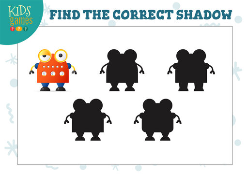 Find the correct shadow for cute cartoon robot educational preschool kids mini game