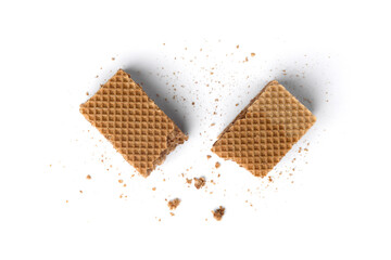 Chocolate wafers with crumbs isolated on white background.