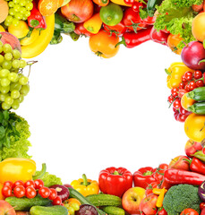Square background of fresh vegetables and fruits in the form of a wide frame.