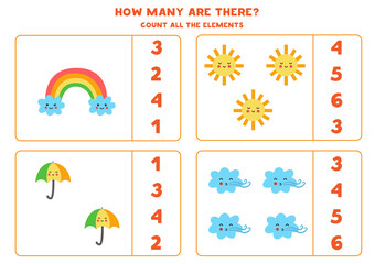 Counting game with cute rainbow, sun, umbrella, wind. Math worksheet.