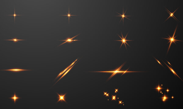 Set sparks glitter special light effect Glowing. Isolated on black transparent background.