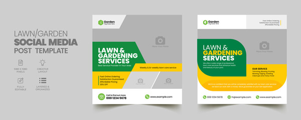 Lawn Mower Garden or Landscaping Service Social Media Post and Web Banner Template. Mowing poster, leaflet, poster design. grass, equipment, gardener

