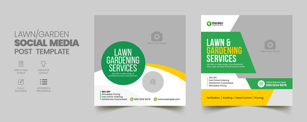 Lawn Mower Garden or Landscaping Service Social Media Post and Web Banner Template. Mowing poster, leaflet, poster design. grass, equipment, gardener

