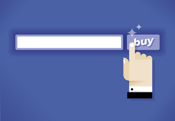 Internet shopping (Amazon etc.) search with buy button and customer hand cursor icon. Concepts: consumerism, web stores and marketplaces, e-commerce services etc.