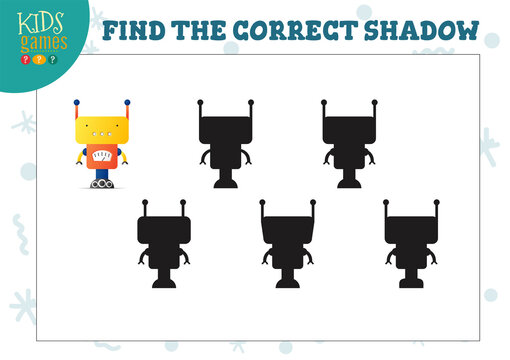 Find the correct shadow for cute cartoon humanoid robot educational preschool kids mini game
