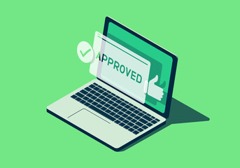 Isometric laptop with approved message