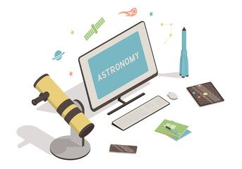 Isometric workspace with computer, telescope, rocket on white background. Astronomy online education concept