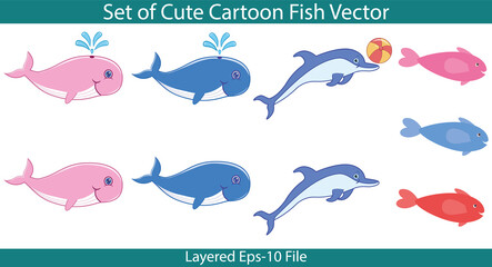 Set of cartoon fish vector isolated on white background. Cute water squirting whale, jumping dolphin, and little smiling fish. A hand-drawn design made in blue, red, and pink colors Layered file.