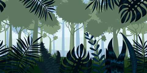 Jungle Tropical Forest landscape horizontal seamless background for games apps, design. Nature leaves, woods, trees, bushes, flora, vector