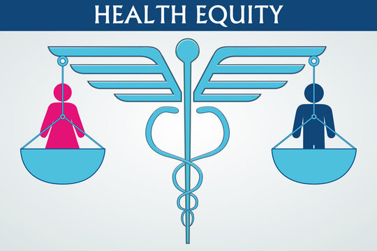 Health equity illustration vector. A design consisting of a caduceus symbol, balances, and human icons. Man and woman on balance. Health and healthcare concept.