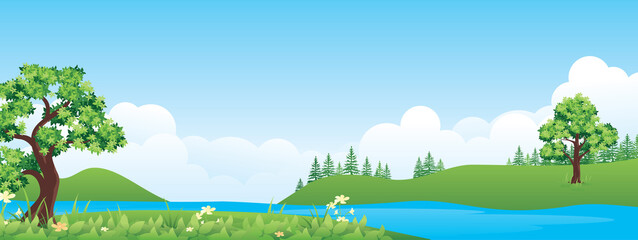 Panoramic landscape cartoon illustration, natural banner, beautiful rural scenery, summer panorama, green highlands, road and lake