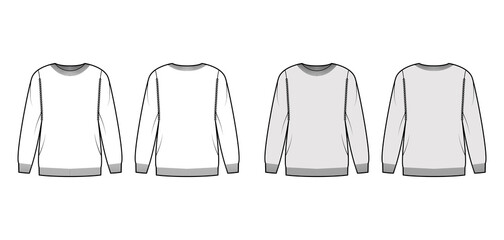 Sweater technical fashion illustration with rib crew neck, long sleeves, oversized, thigh length, knit cuff trim. Flat pullover apparel front, back, white grey color style. Women men unisex CAD mockup