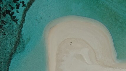 aerial view of a sandbank with turquoise water and the reef