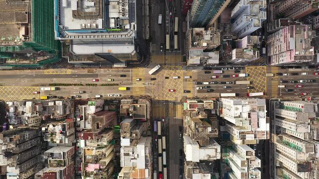 Aerial static top down footage of traffic along the famous Nathan road in the very crowded Kowloon district in Hong Kong