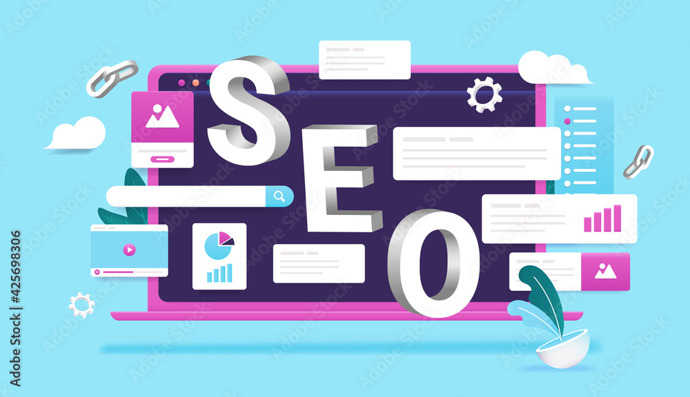 Fototapete seo - search engine optimisation illustration with laptop computer and web elements in colourful 3d 