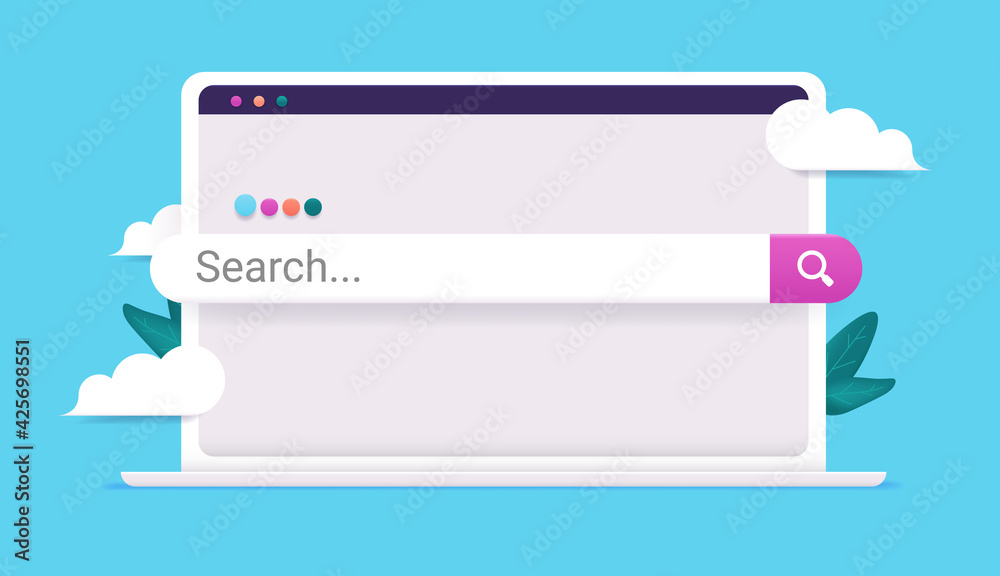 Aufkleber Search bar on computer - Vector illustration of white laptop with browser and search popping out of screen. Searching web and internet concept.