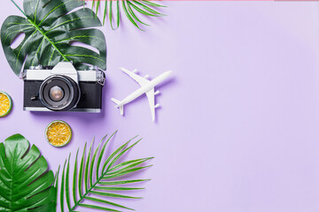 Top view flat lay mockup of retro camera films, airplane, leaves and traveler accessories isolated...