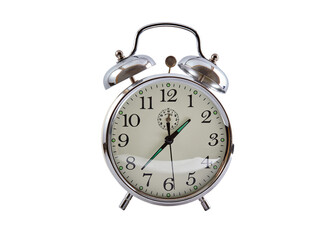 Vintage chrome alarm clock with bells isolated on white background with clipping path. Copy space, no shadows