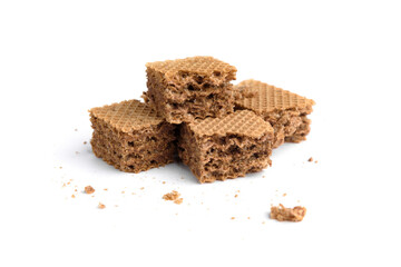 Chocolate wafers with crumbs isolated on white background.