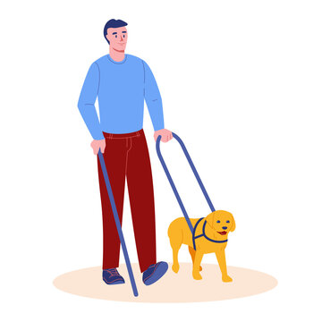 A blind man walks with a guide dog and a stick. Vector illustration in flat cartoon style. Isolated on a white background.