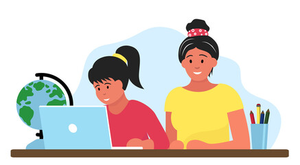 Girl studying online education at home cartoon vector illustration. Student workplace desktop computer doing homework surfing internet e-learning school lesson concept. Pupil kid learning process