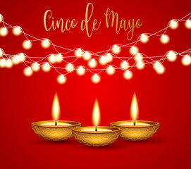 Cindo de Mayo banner background. Golden lettering, garland lights, and candles. Mexican traditional holiday concept. Vector illustration.