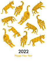 ゆるくてかわいい手書きの虎の2022年年賀状テンプレートのベクターイラスト(縦)