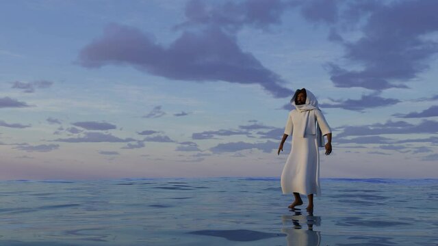 black jesus christ walking on the waters, side view, 3d render