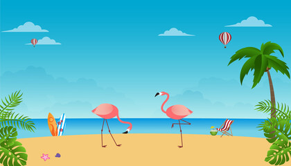 Summer beach design featuring flamingos And the background is the sea Summer for a beach vacation.