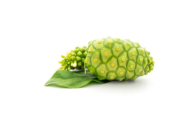 A fruit of noni, Morinda citrifolia, Indian Mulberry or cheese fruit with a flower and a leaf, used as ingredients, vegetable, beverage and traditional medicine in some areas, on white background.