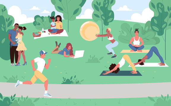 Various people at park performing leisure outdoor activities - doing yoga and sports, have breakfast at a picnic, running, read at a laptop. Cartoon vector illustration.