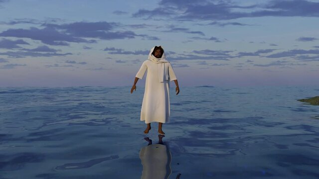 black jesus christ walking on the waters, front view, 3d render