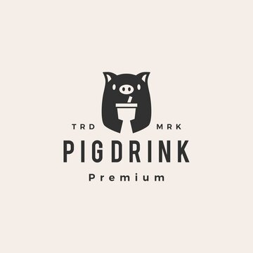 pig drink hipster vintage logo vector icon illustration