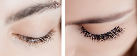 Eyelash extension procedure before and after. Beautiful woman with long lash in beauty salon