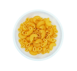 Raw elbow Macaroni (Gomiti Pasta) in white ceramic bowl, Cut out with clipping path, Isolated on white background
