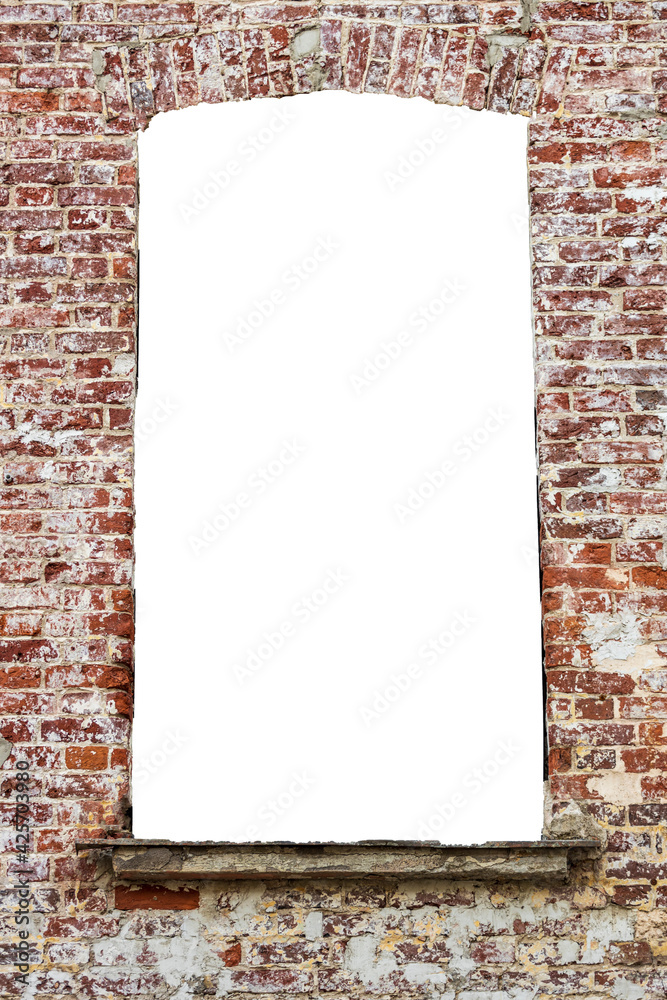Poster destroyed wall of old bricks with a hole in the middle. isolated on white background. grunge frame. 