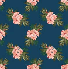  A pattern of tropical flowers and leaves. Pink hibiscus flowers and green leaves of monstera and other plants on a dark blue background. © Jana Plover