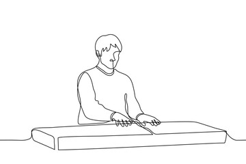 man sitting at a synthesizer - one line drawing. musician playing keyboard