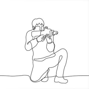 recommend clip art: man is on one knee holding a firearm - one line drawing. concept of paintball shooter aiming through the peephole of the rifle