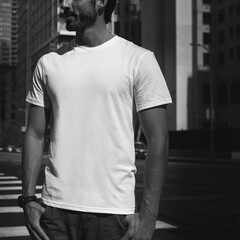 Casual white t-shirt man in the city apparel shoot