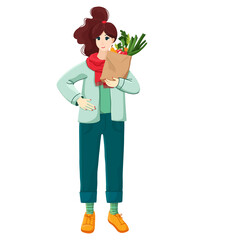 A woman stands and holds a paper bag with vegetables and fruits. Vector illustration isolated on white background. Buyer in an eco-shop. Vegetarian and vegan healthy food.