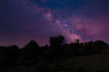 Fototapeta na wymiar milky way with a castle and silouete of the forest and trees