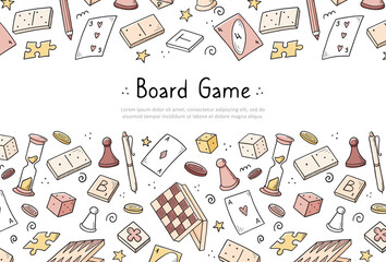 Hand drawn website banner template with of board game element. Doodle sketch style. Vector illustration for board game shop, store background, game competition banner, frame © Polina Tomtosova