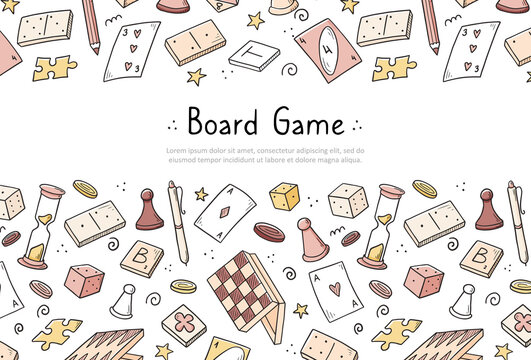 Hand drawn website banner template with of board game element. Doodle sketch style. Vector illustration for board game shop, store background, game competition banner, frame