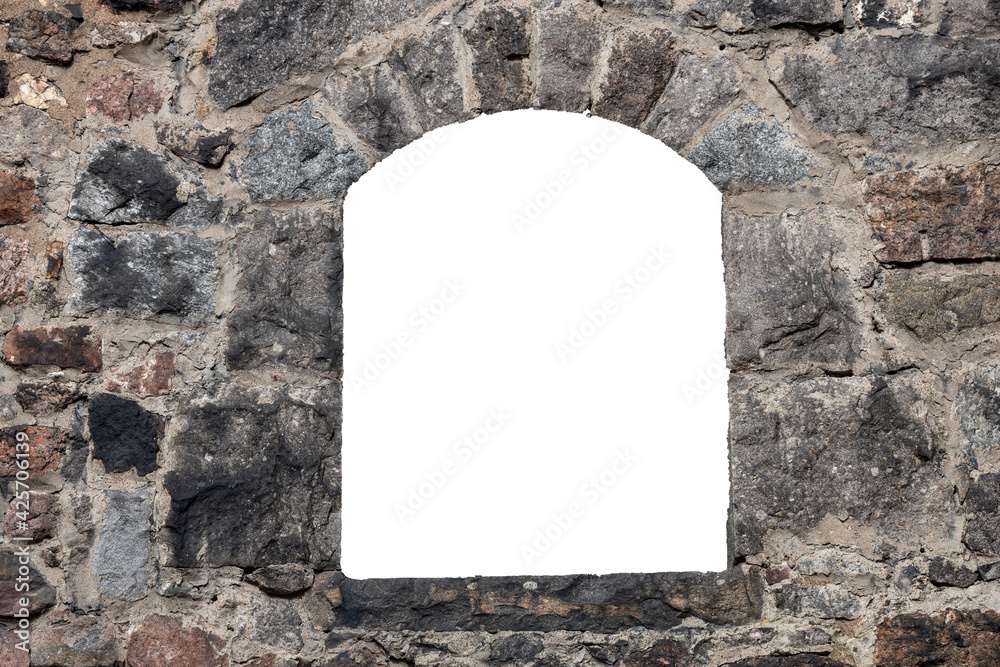 Poster old wall made of old bricks with a hole in the middle. isolated on white background. grunge frame. horizontal frame