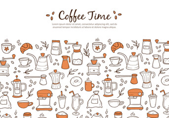 Hand drawn of website banner template with assorted coffee makers and desserts on white background. Doodle sketch style. Vector illustration for coffee shop, cafe, restaurant banner, background, frame
