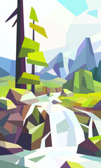 Low poly waterfall landscape. Mountain, cloudy, water, rock. Vector illustration