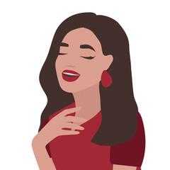 Beautiful girl with long hair laughs, closed eyes. Smile, eyes, teeth. Avatar. young woman laughing. vector flat illustration white
